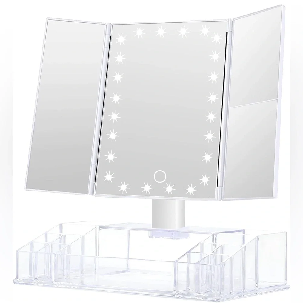 Tri-Fold 3x/2x Mag Cosmetic Vanity Mirror🪞w 24 Led Light💡Touch Screen&Storage